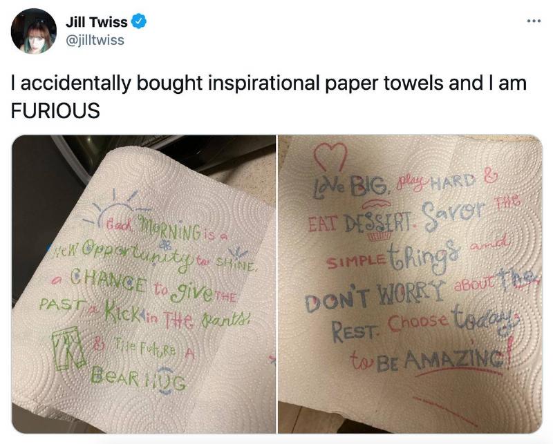 Tweet: I accidentally bought inspirational paper towels and I am furious 