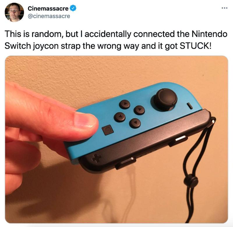 Tweet: This is random, but I accidentally connected the Nintendo Switch joycon strap the wrong way and it got STUCK!