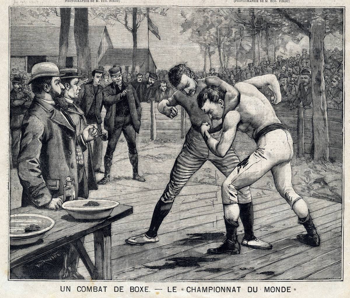 World Boxing Championship fight between Jim Corbett and Bob Fitzsimmons in Carson, Nevada, USA, Illustration from French newspaper Le Petit Parisien, April 11, 1897, Private Collection,