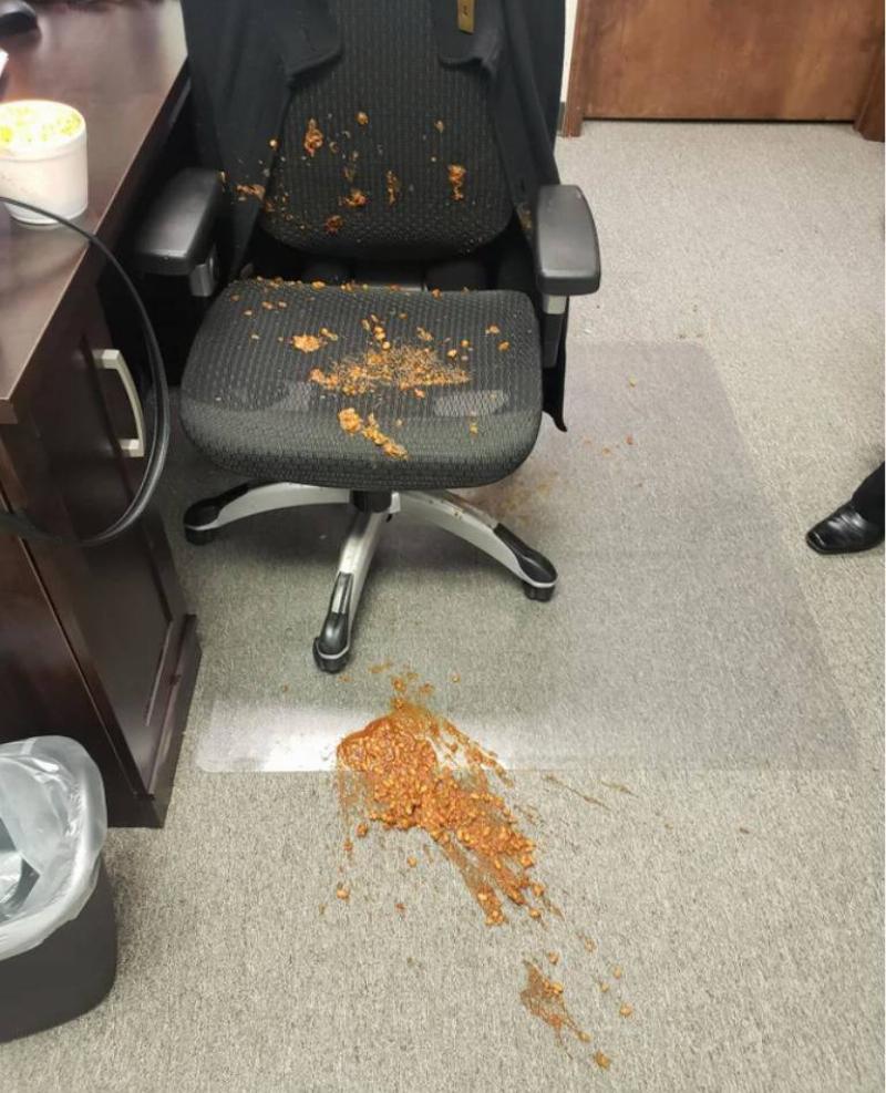 chilli spilled all over office chair and floor beside it