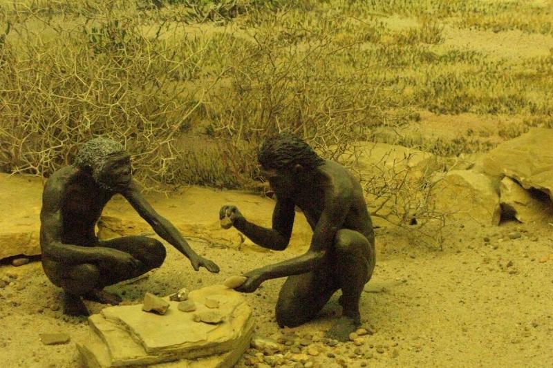 Two ancient humans are represented in this museum display.