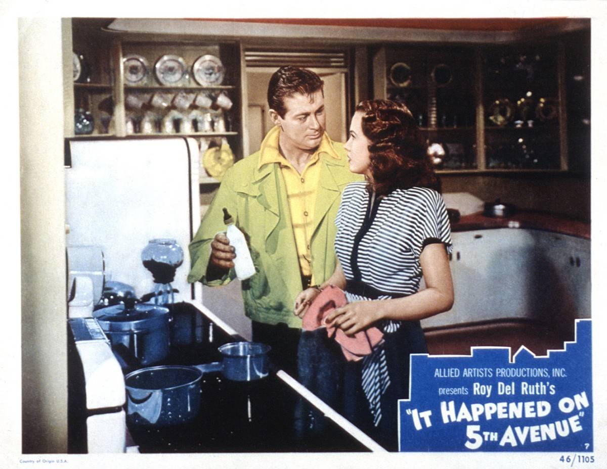 An advertisement for It Happened on 5th Avenue shows a man and woman in a kitchen, 1947.