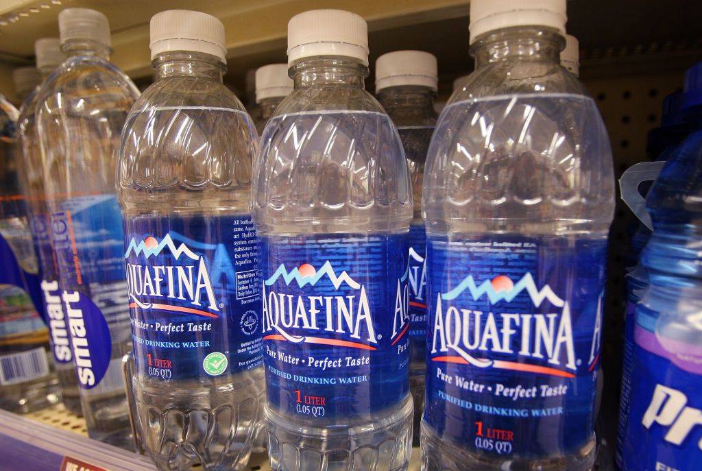 Bottle of Pepsi's Aquafina water sits on a shelf