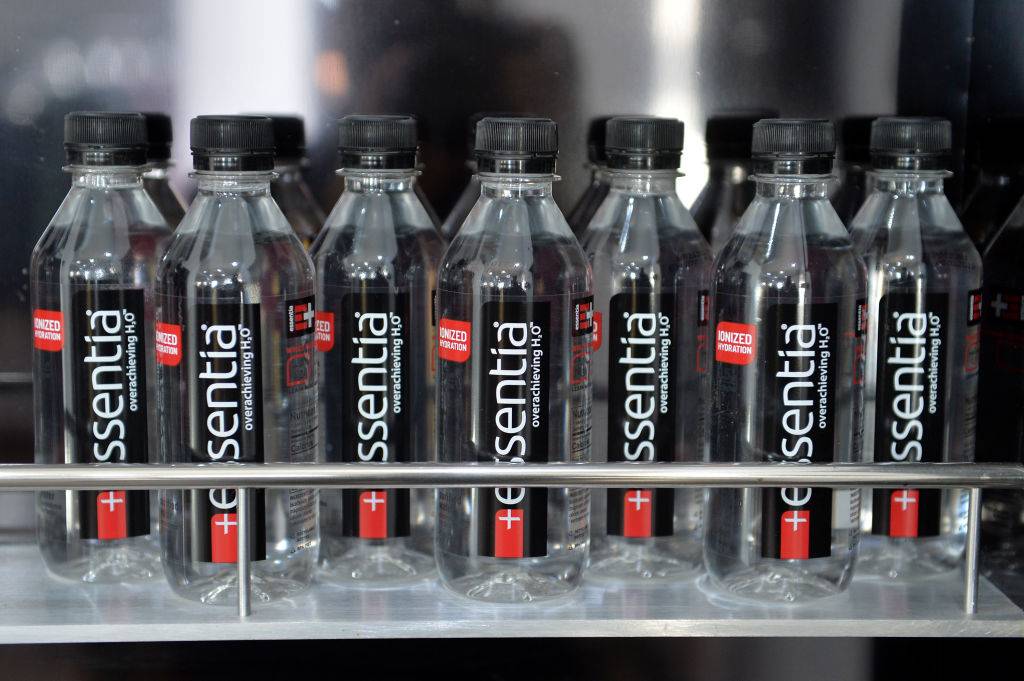 essentia water bottles on display