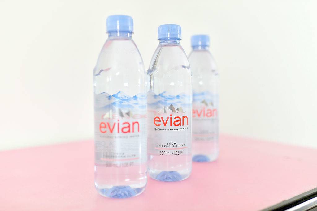 A view of Evian water bottles