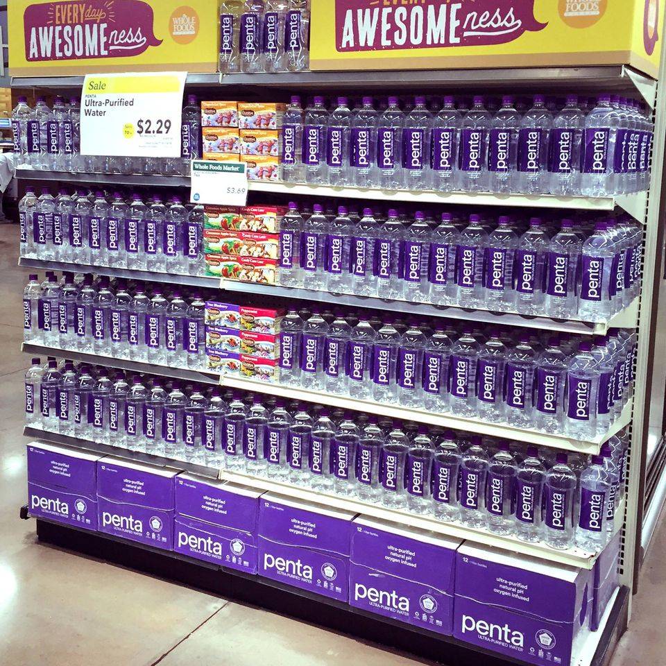 penta water bottles on display