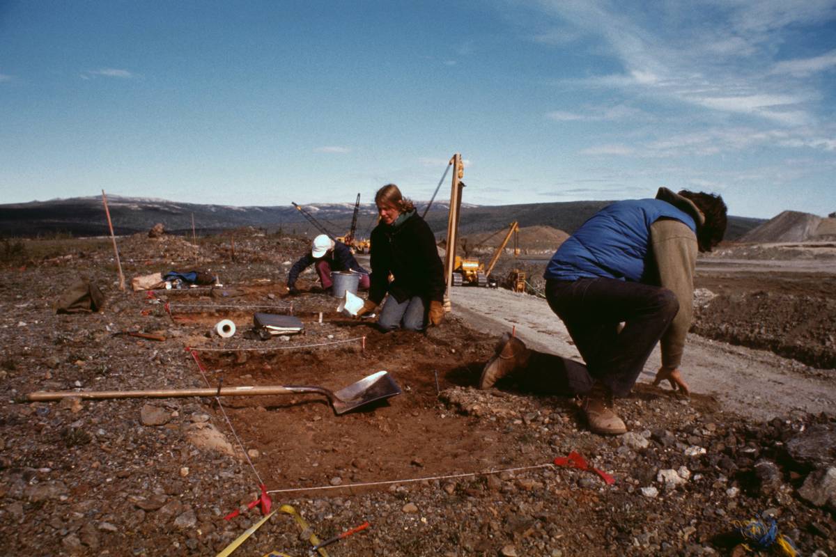 Archaeologists dig for artifacts in Alaska.