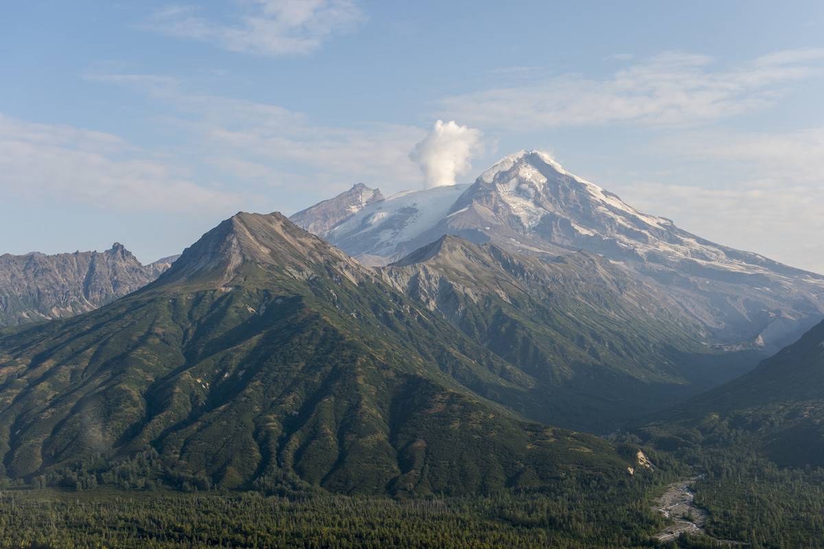 An aerial view shows Mount Redoubt in Alaska.