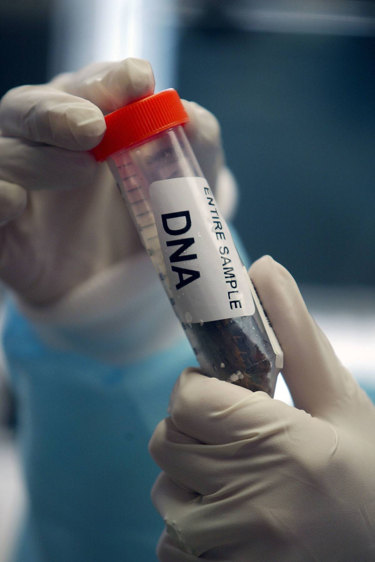 A researcher holds a vial of sample DNA.