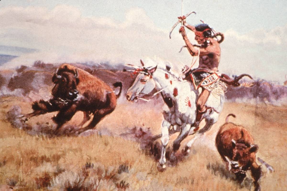 In this 1850 painting, a Native American hunts bison.