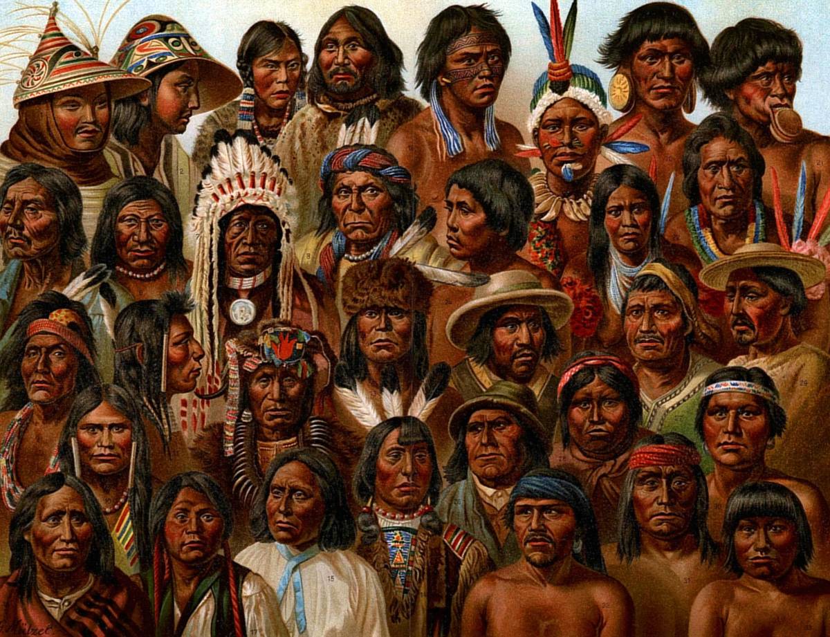 A 19th century artist portrays the faces of many different Native Americans.