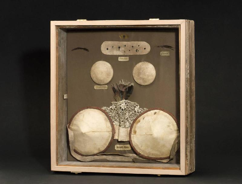 Glass display case containing various 19th century cosmetic devices, two cheek plumpers, eyebrows, patches and two breast pads