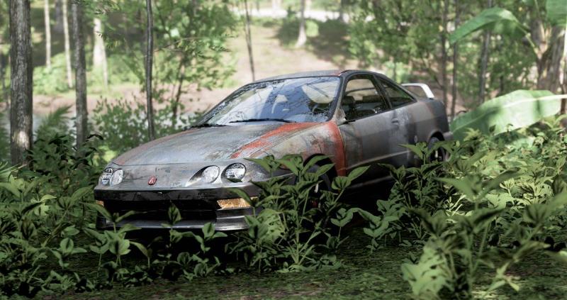 abandoned car in the woods covered in weeds