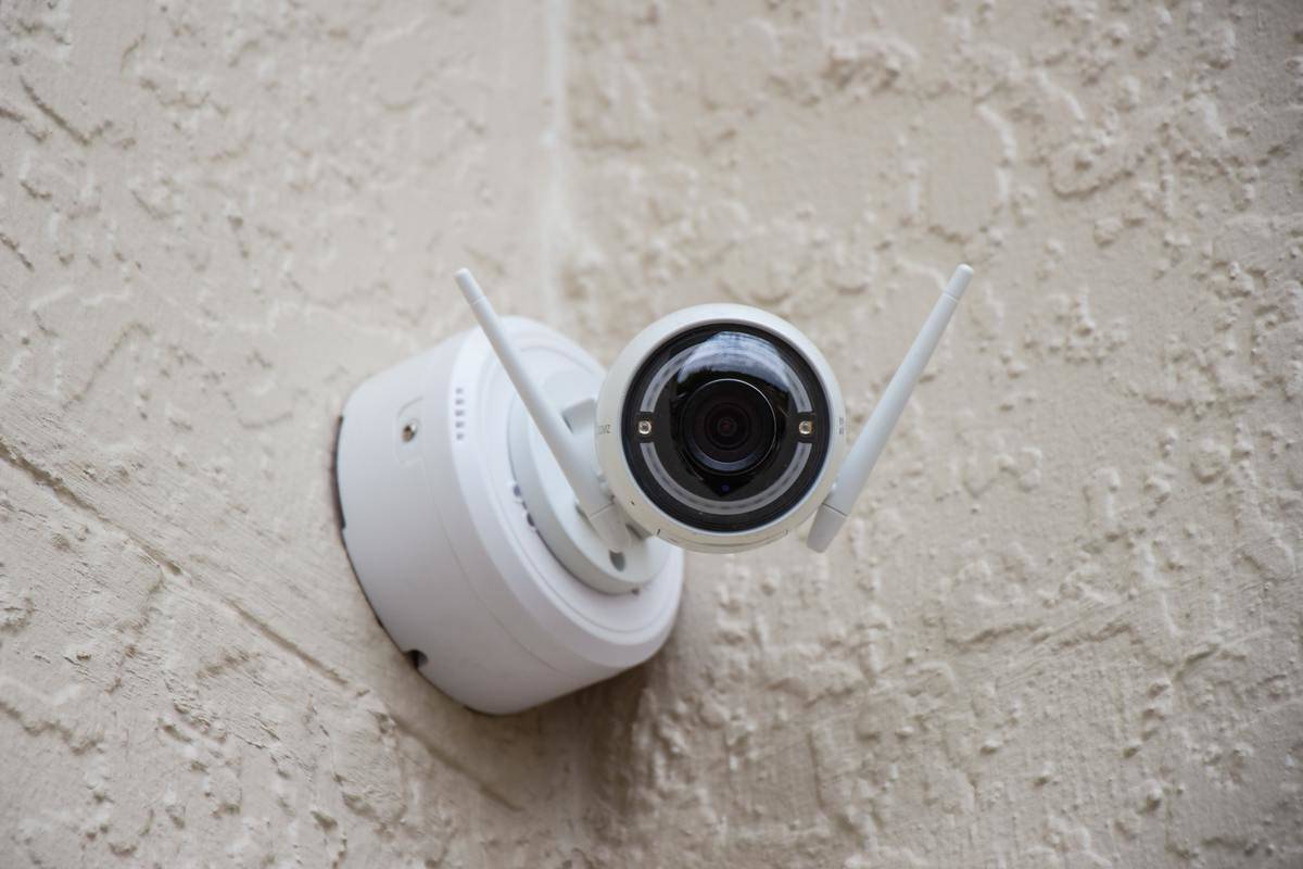 Security camera on an exterior wall