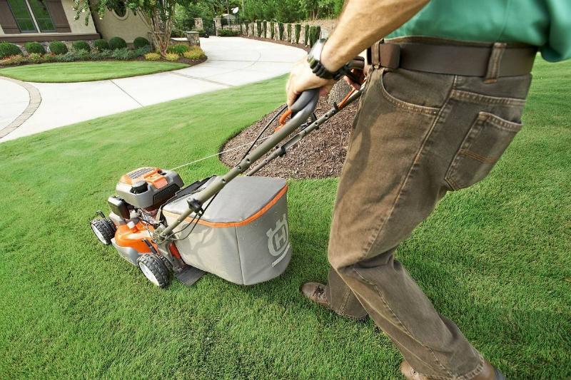 Man pushing a mower across his lawn, toward a paved walkway