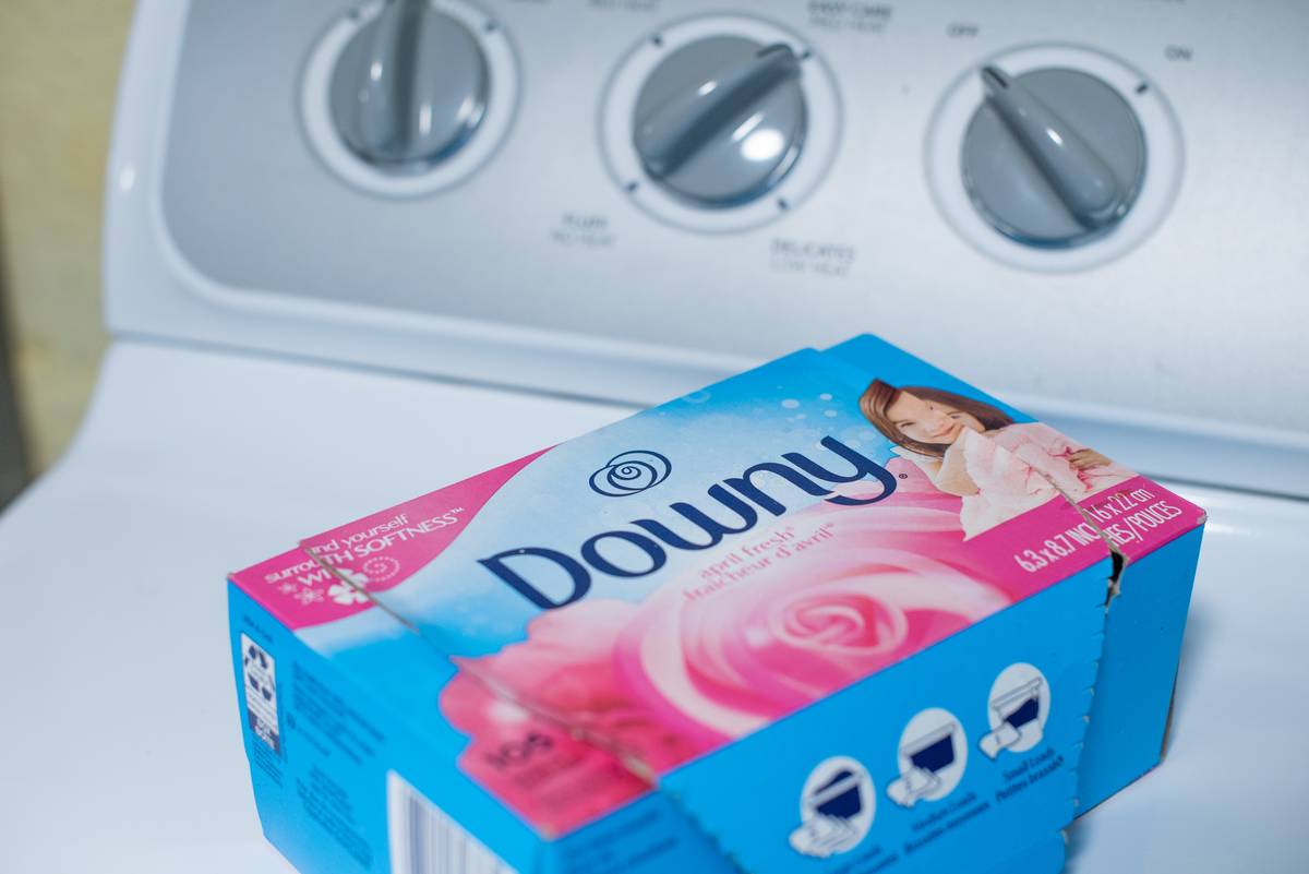 Procter & Gamble brand Downy fabric softener dryer sheets arranged on dryer