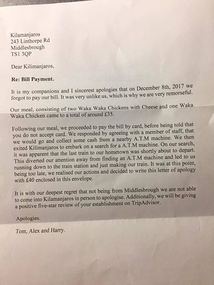 Letter from restaurant customers who skipped out on bill 