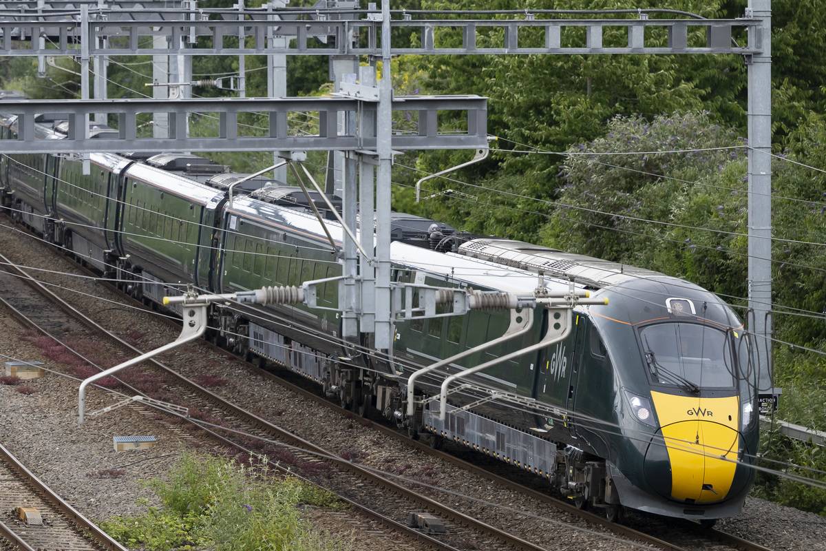 CARDIFF, WALES - JUNE 23: A Great Western Railway train leaves Cardiff Central train station on June 23, 2022