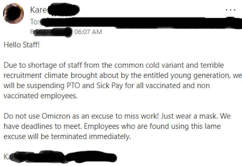 Email from boss to staff about not using Covid as an excuse
