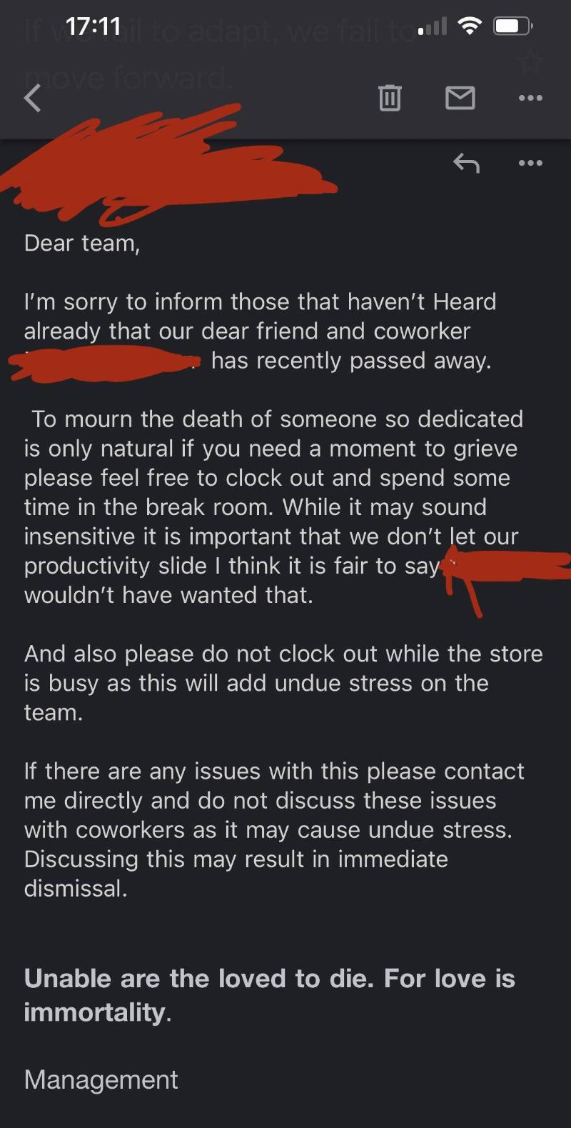 Email to Team staff from management about employee death