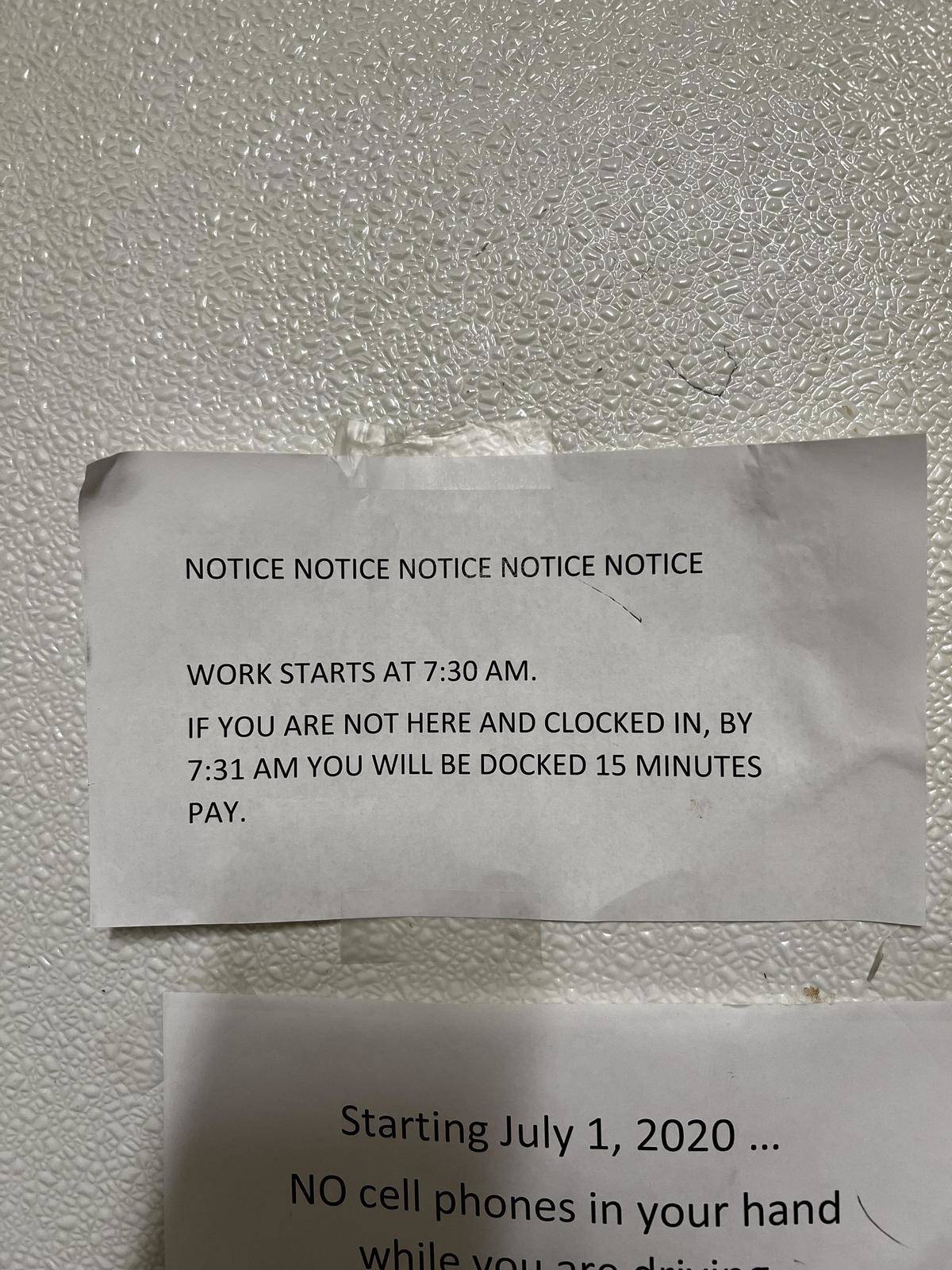 Notice if you're late your pay will be docked
