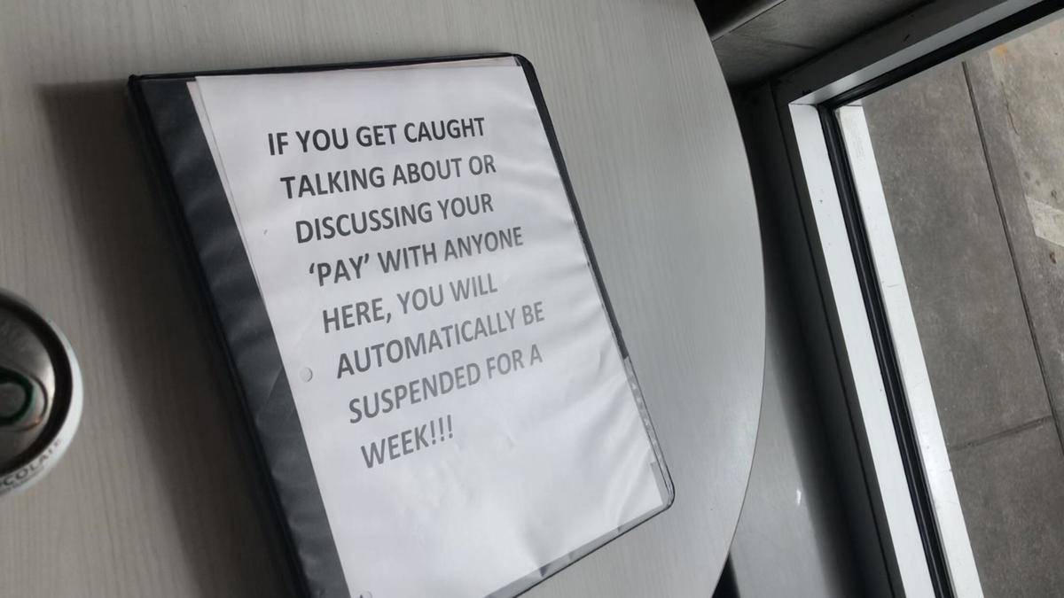 Note on binder: if you get caught talking about or discussing your pay with anyone here you will be automatically suspended for a week