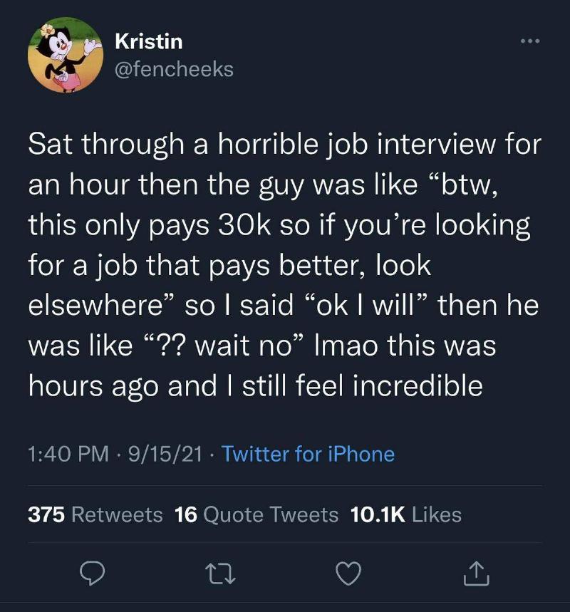 Tweet: Sat through a horrible job interview tweet... 