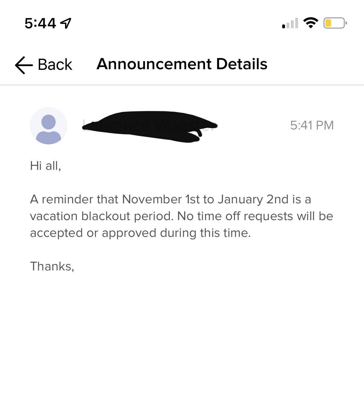 Vacation blackout period email from boss