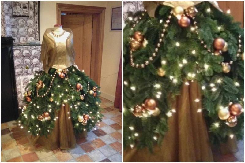 dress with Christmas tree skirt draped over mannequin