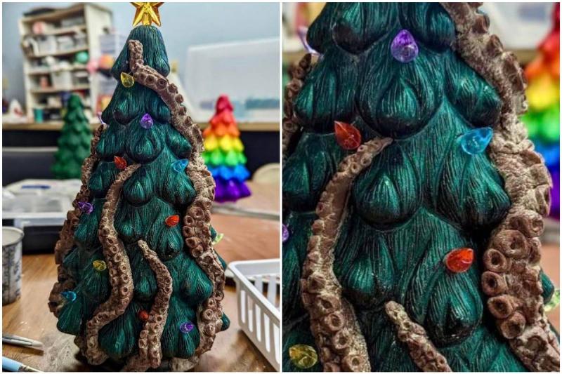 Christmas tree statuette adorned with realistic squid tentacles