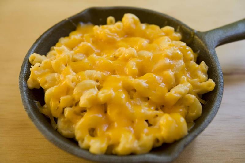 Mac and cheese in a cast-iron pan