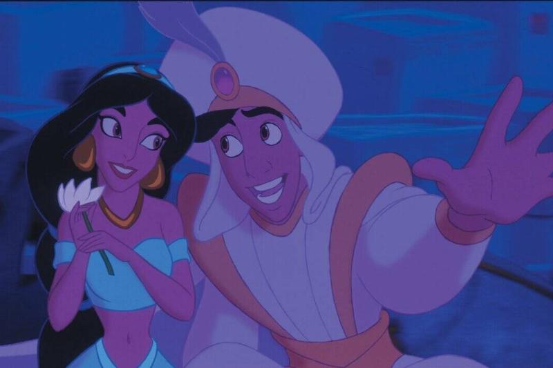 Aladdin showing Jasmine the world while dressed as Prince Ali