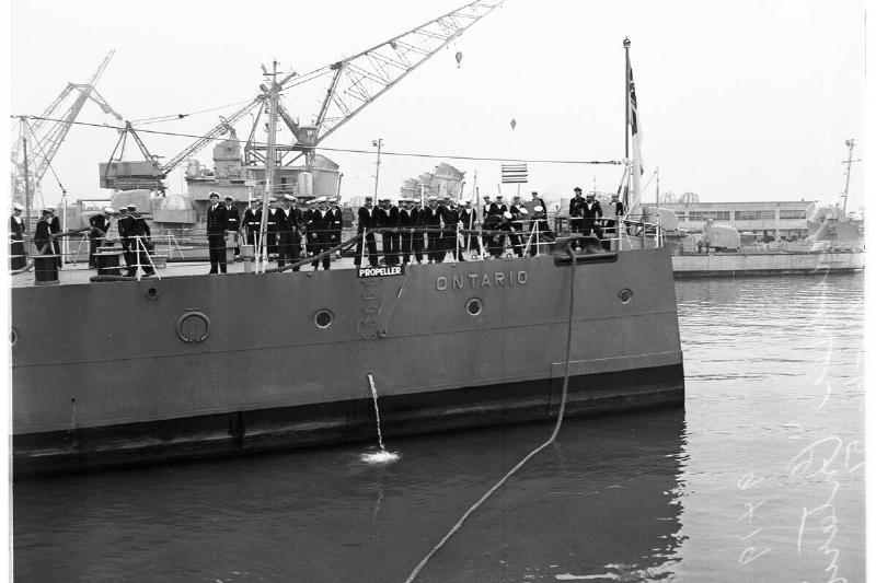 Canadian cruiser, HMCS Ontario, arrives at Terminal Island, 1951