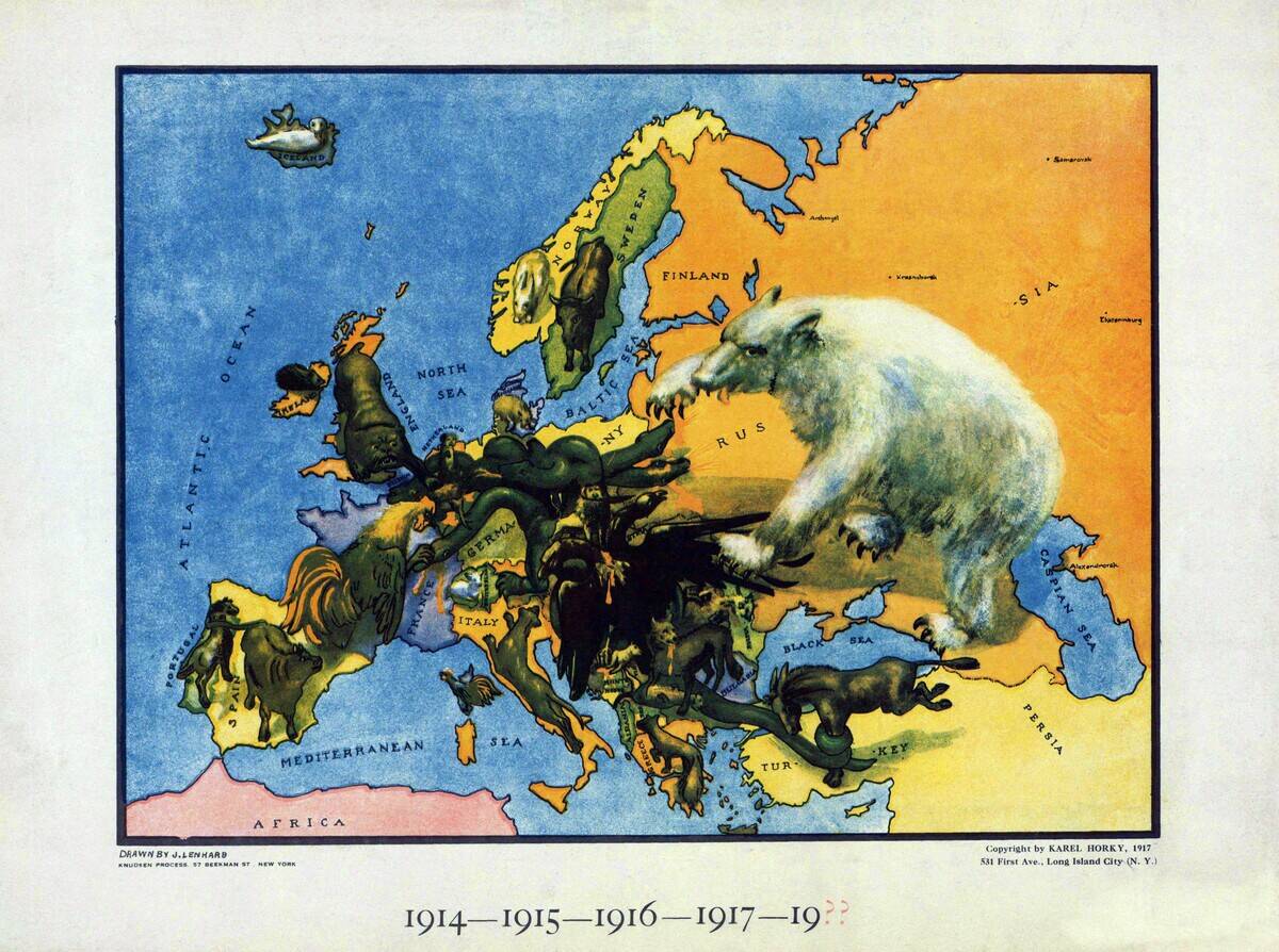 Europe: The Russian Bear struggling with an entwined group of other animals representing the Great and Lesser Powers of Europe engaged in World War I, 1914-1917. Karel Horky, New York, 1917