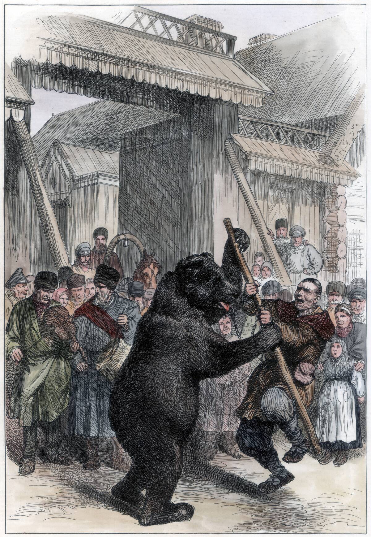 Performing bear in a Russian village, 1877.