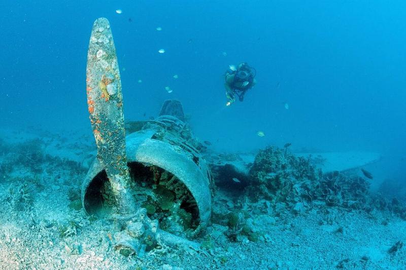 Sunken aeroplane and scuba diver, Papua New Guinea, Pacific Ocean