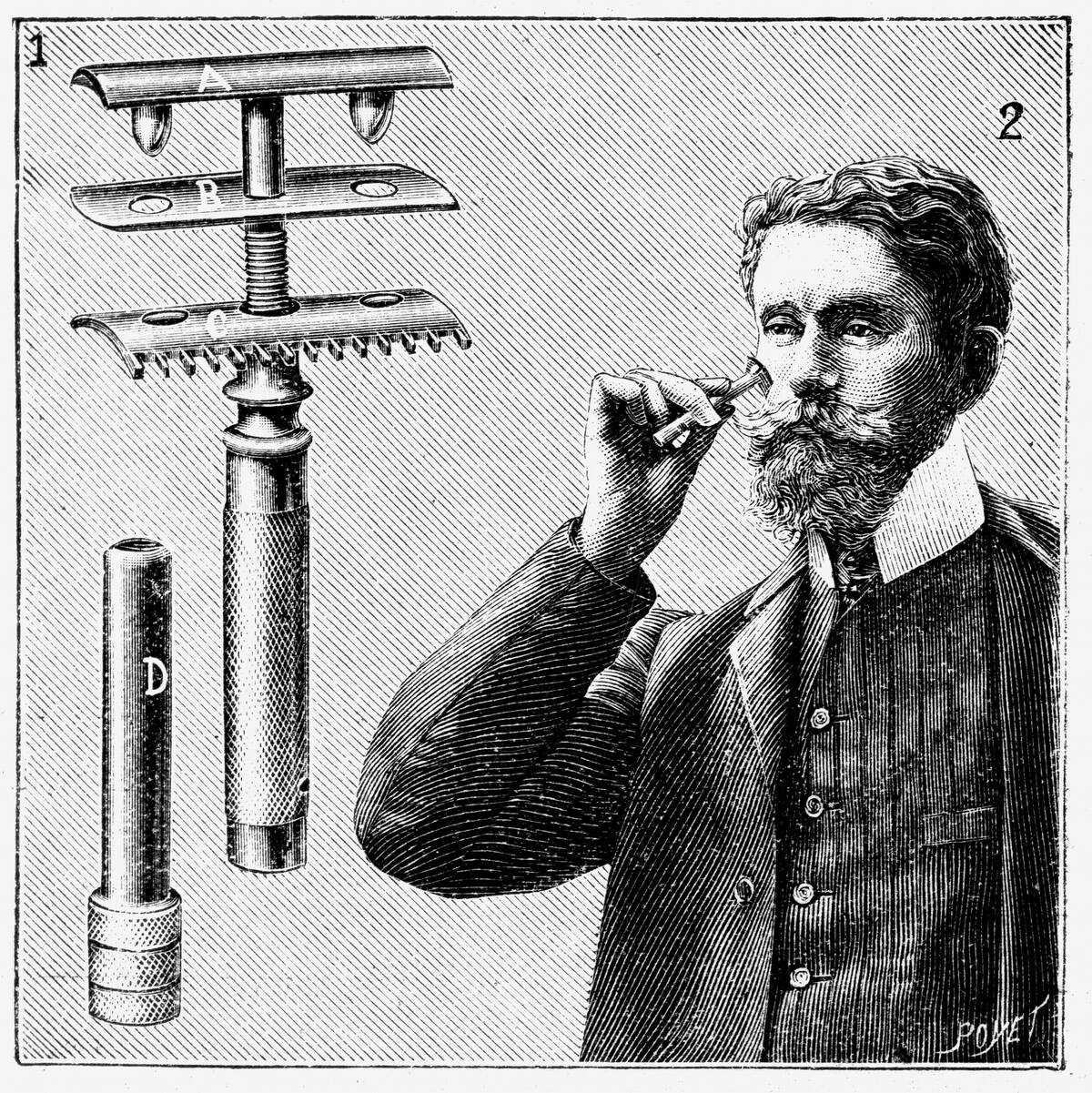 King Gilette's safety razor with replaceable blade. Wood engraving, Paris, 1905...