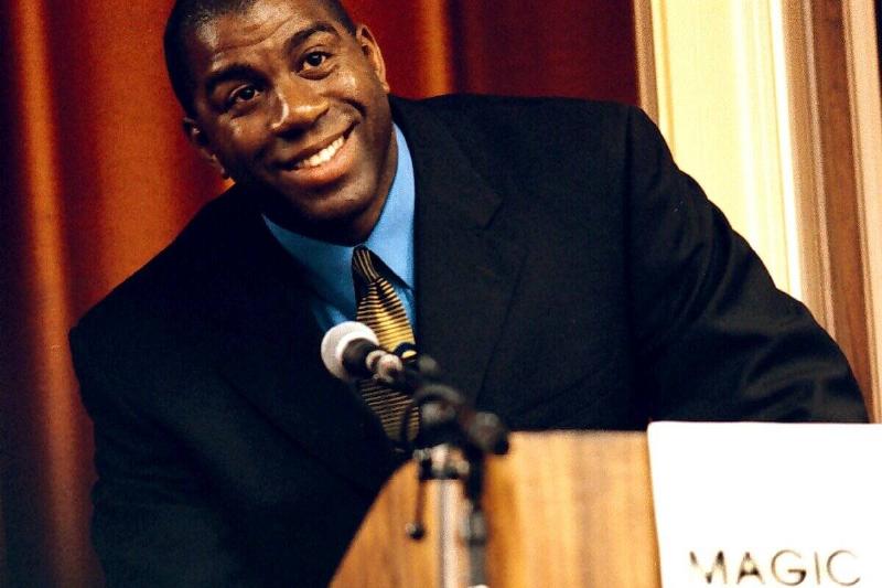 Magic Johnson speaks at Oakland's Manzanita Elementary School Monday afternoon.