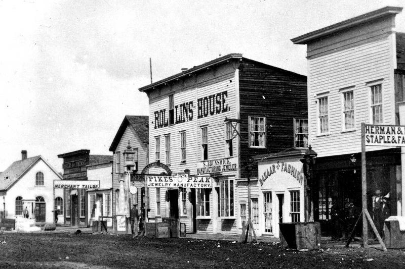 This is a stereoscopic view of Main St in Cheyenne (Laramie County), Wyoming in 1869.