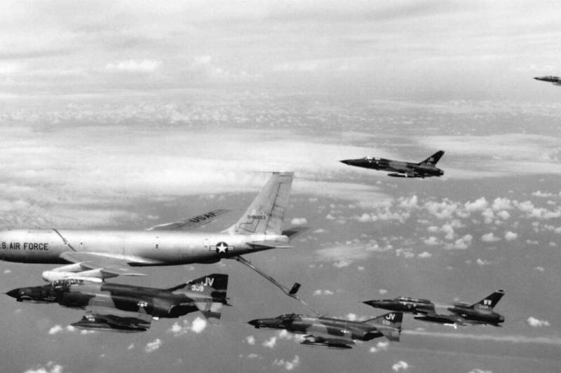 Operation Linebacker - A USAF surface-to-air missile hunter-killer team refueling on its way to North Vietnam, October 1972.