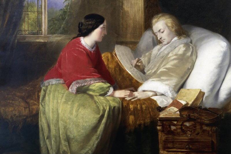 Austria, Portrait of Wolfgang Amadeus Mozart (1756 - 1791) while composing Requiem, 1854