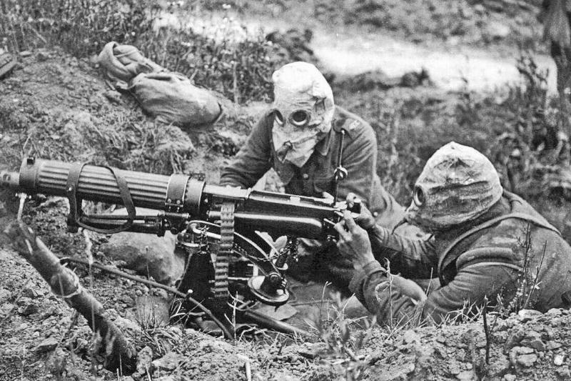 World War One; Vickers Machine Gun Crew with gas masks