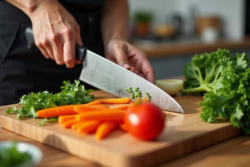 Man off-screen cutting vegetables with a large knife on a wooden cutting board