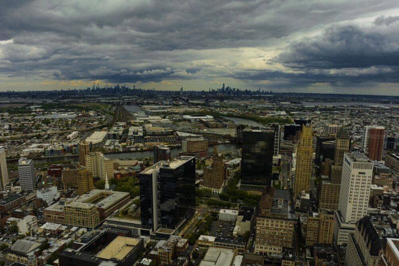 Aerial view of Newark, New Jersey with New York City in background