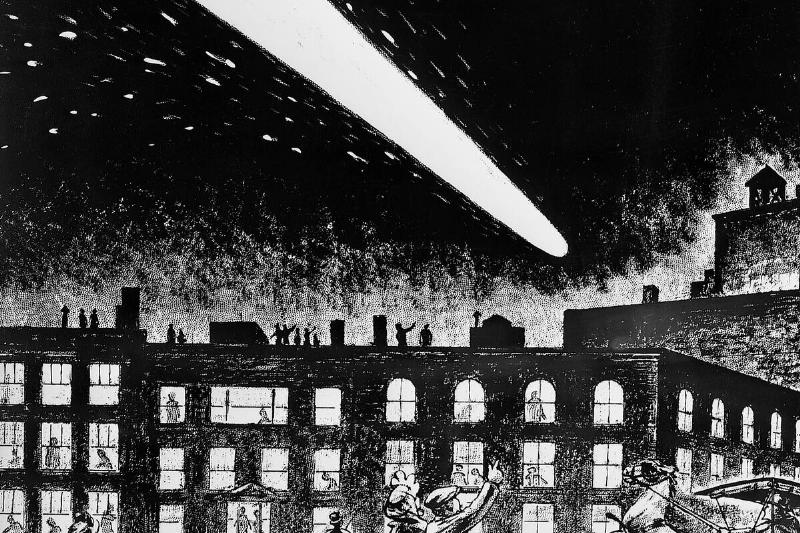 Illustration of Halley's Comet Seen in the City