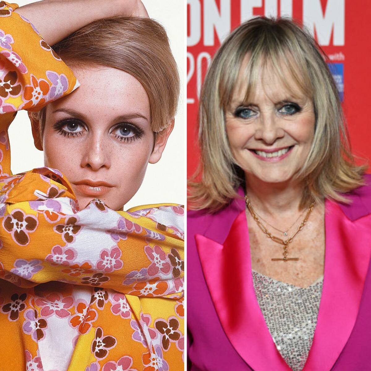 Portrait of Twiggy + Twiggy standing on a red carpet