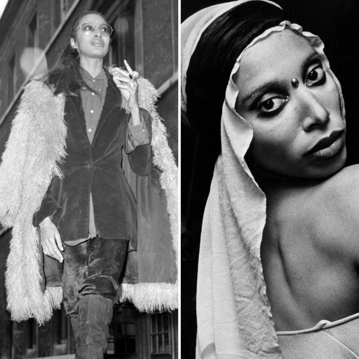 Donyale Luna walking down a street + Portrait of Donyale Luna