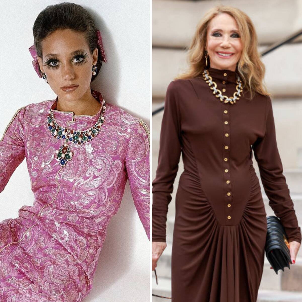 Portrait of Marisa Berenson + Marisa Berenson standing outside of a building