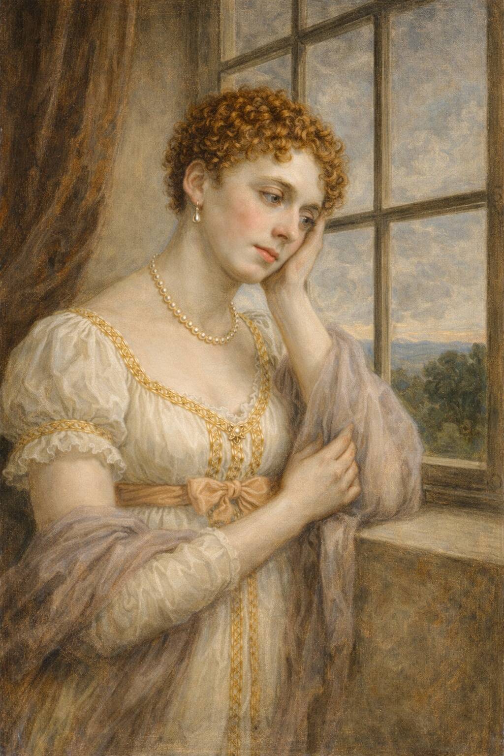 Lady Caroline Lamb looking out a window, a mournful expression on her face