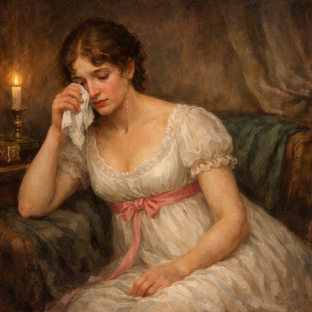 Lady Caroline Lamb crying, holding a handkerchief to her face